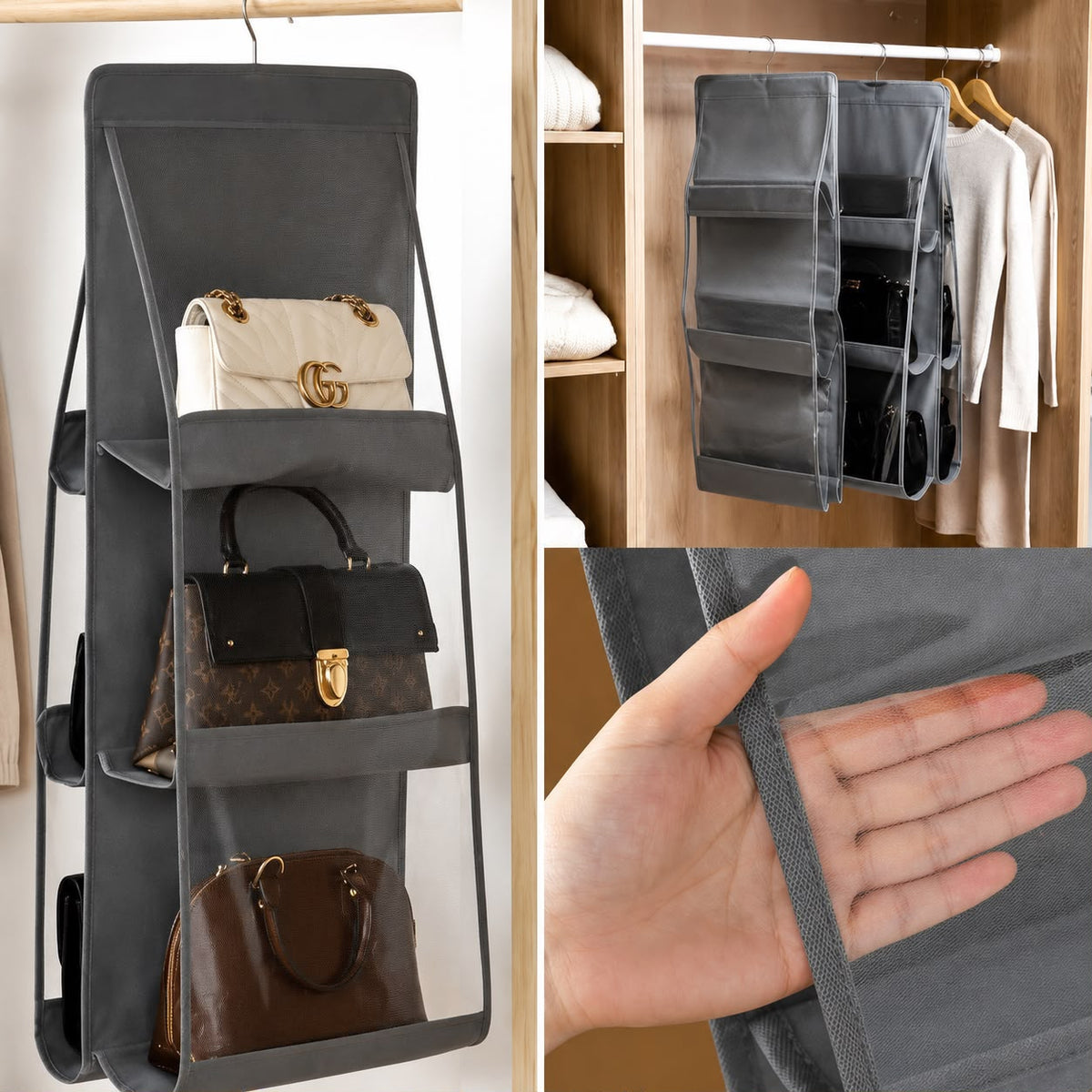 6 Pockets Hanging Purse & Clutch Organizer with Plastic Hanger | Handbag Storage Organizer Seasonwize
