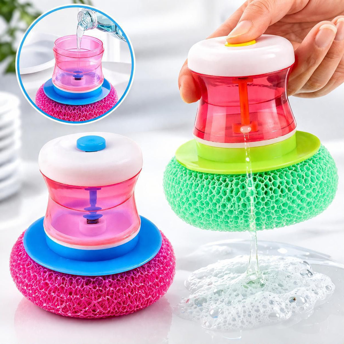 Kitchen Palm Brush with Liquid Dispenser – Plastic Dish Scrubbing Brush with Soap Container Seasonwize